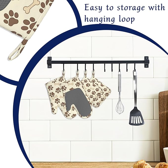 Dog Bone Paw Print Pot Holders and Oven Mitts Set Silicone Cute Animal Paws - Image 3