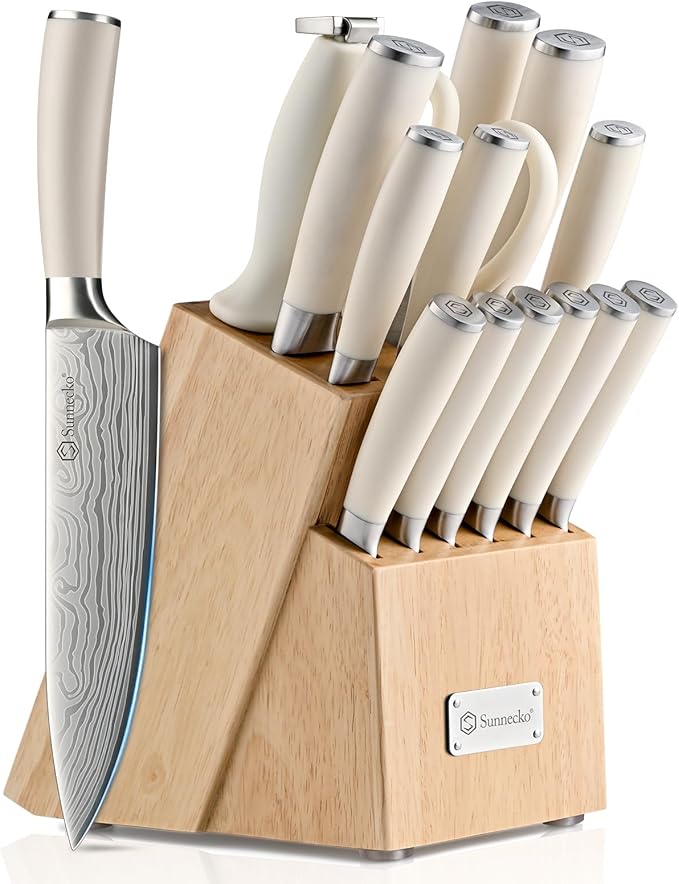 Sunnecko Knife Set with Block and Sharpener, 15 Piece Kitchen Knife Block Set