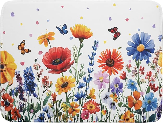 Watercolor Flower Dish Drying Mat 18x24 Inch Floral Butterfly Dish Drainer by Giwawa