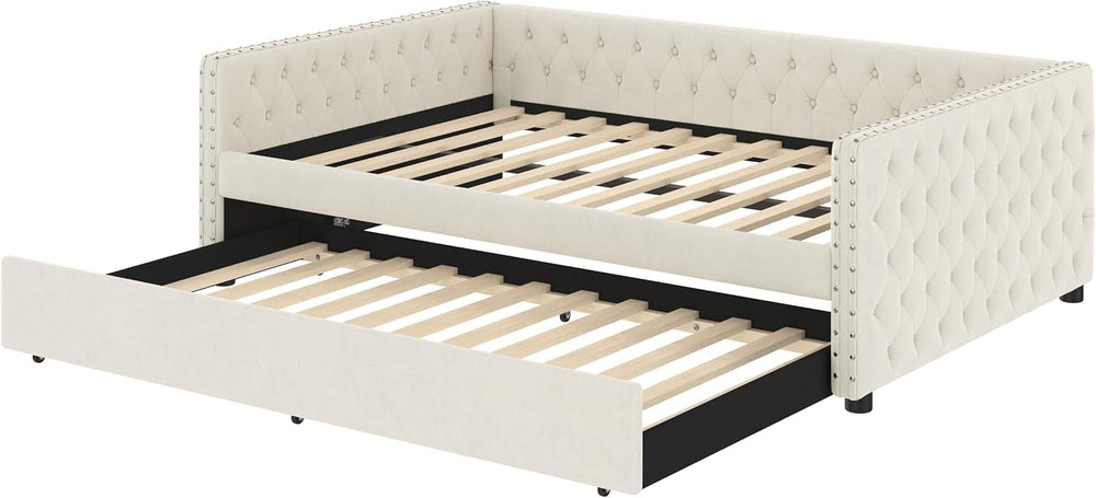 Full Size Upholstered Daybed, Tufted Sofa Bed Frame with Trundle, Corner Day ...