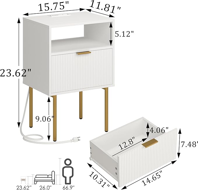 Modern Nightstand with Charging Station and LED Lights, White Bedside Table w...