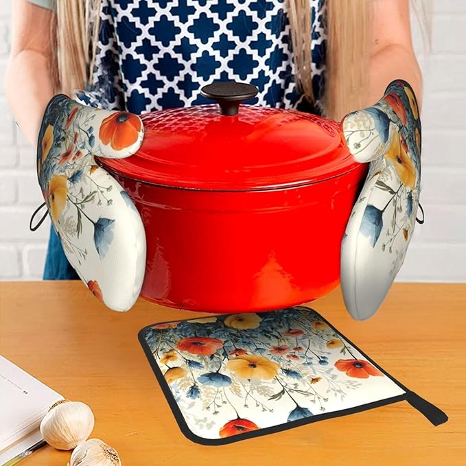 Colorful Wildflower Oven Mitts and Pot Holders Set of 3, Heat Resistant Non - Image 7