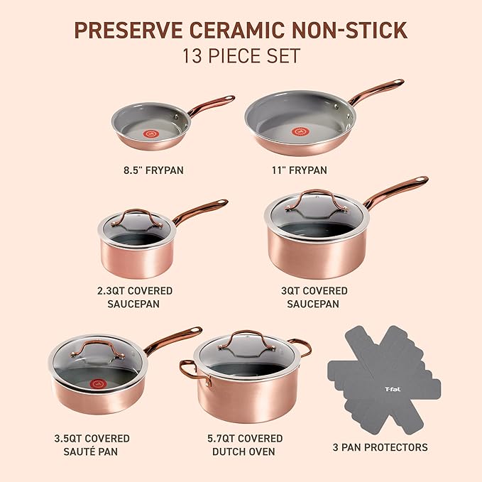 T-fal Preserve Ceramic, Non stick Cookware Set 13-Piece, Oven & Broiler Safe up - Image 2
