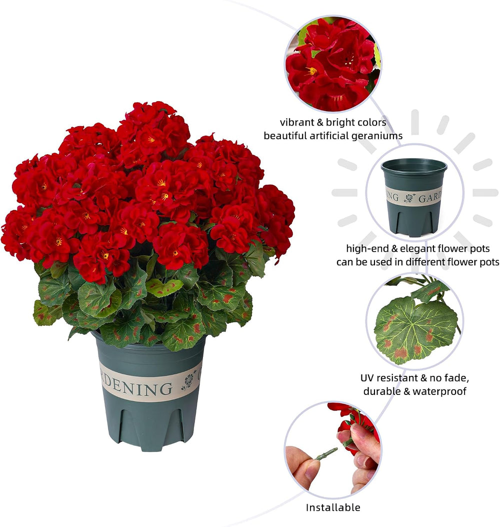 Geraniums Artificial Flowers for Outdoors, 2 Pack Potted Plants Red Faux Gera...