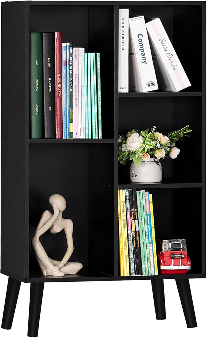 YAHARBO Small Black Narrow Bookshelf,3 Tier Modern Bookcase with Legs,Bookshe...