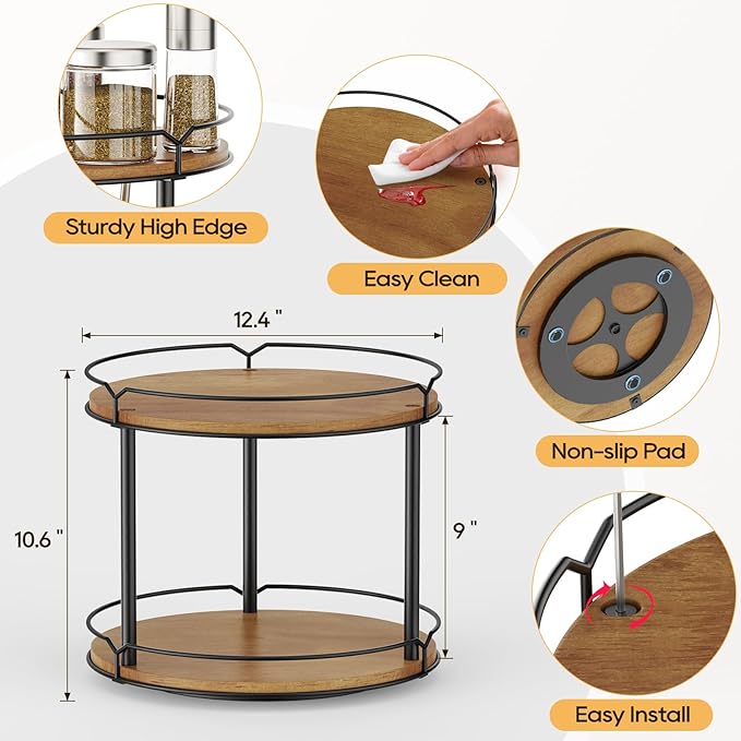 12.4" Lazy Susan Organizer 2 Tier, Rotating Spice Rack, Wooden Spinning Spice - Image 4