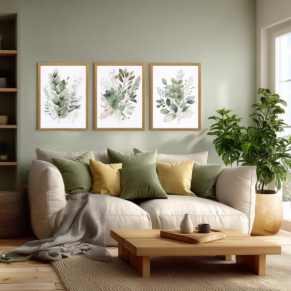 LLEEMPI Sage Green Botanical Wall Art Set of 3, 12x16 Wood Framed Prints
