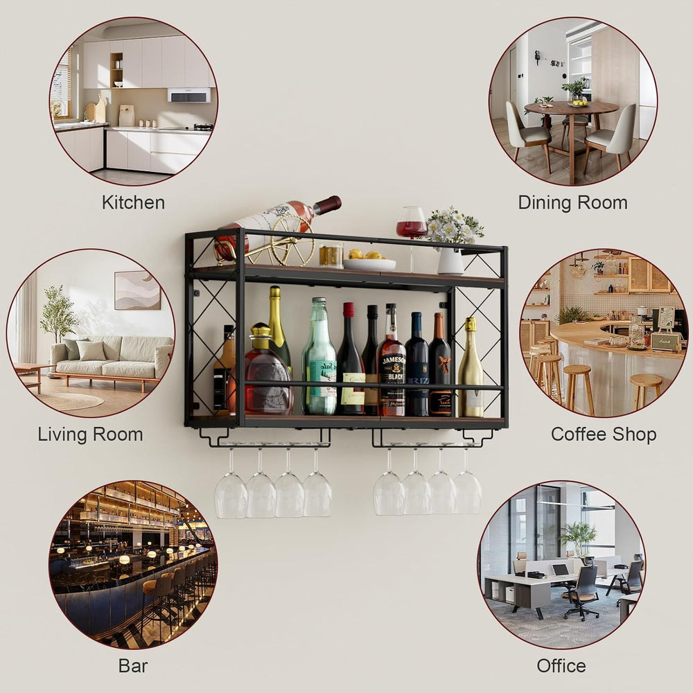 Wine Rack Wall Mounted 2 Tier Wall Wine Rack with Glass Holder, Double Layer ...