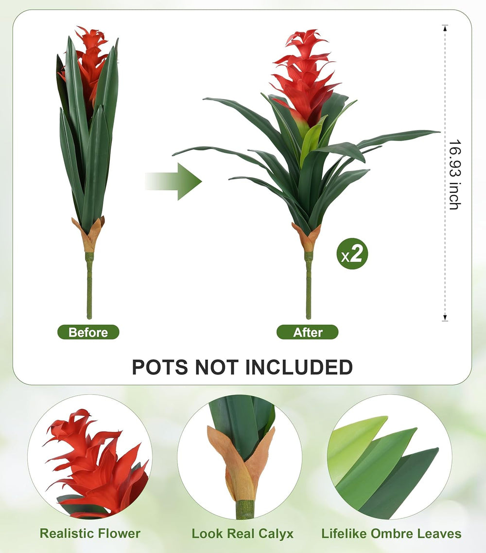 Ivydale Fake Flowers Plants for Outdoors, 2 Pcs 16.93" Bromeliad Artific...