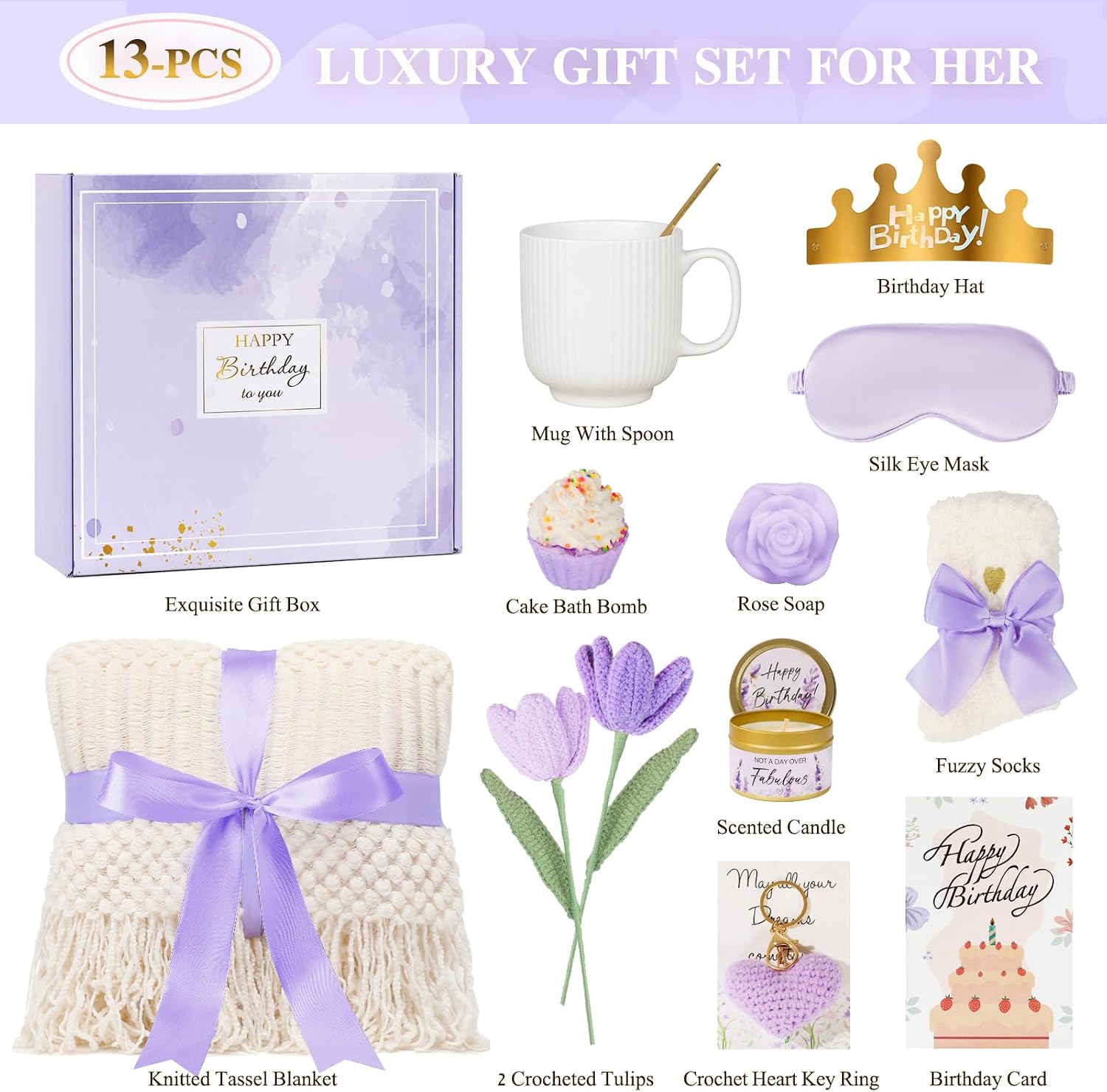 Birthday Gifts for Women - 13PCS Unique Happy Birthday Easter Gifts Basket for Mom Her Best Friend Sister Wife Girlfriend Coworker - Relaxing Spa Self Care Package Mothers Day Set (Lavender)