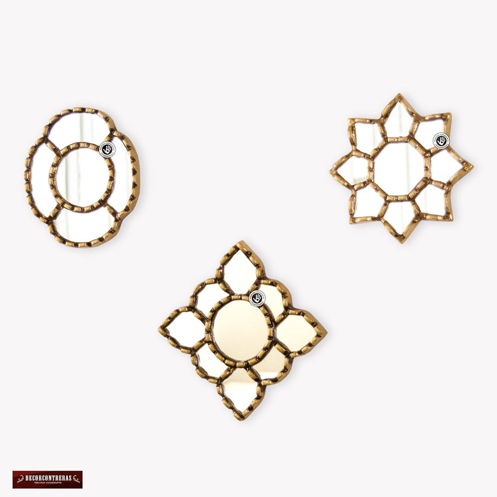 Peruvian Wall Mirrors Set 3pc Gilded Bronze Leaf Home Decor