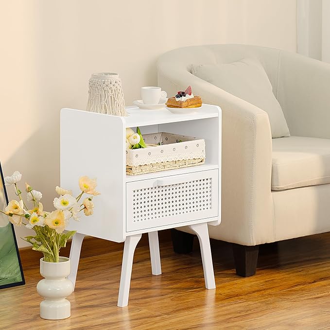 Lerliuo Rattan Nightstands set of 2 with Charging Station, Side Table with Dr...