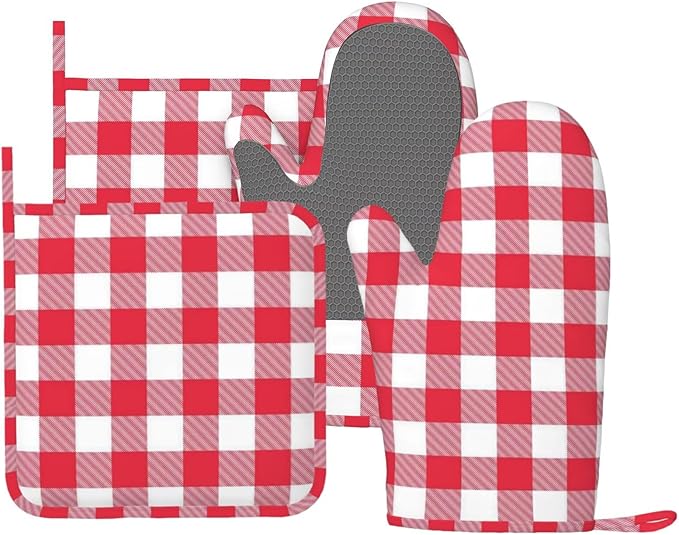 Red and White Checkered Oven Mitts and Pot Holders Set by Unknown