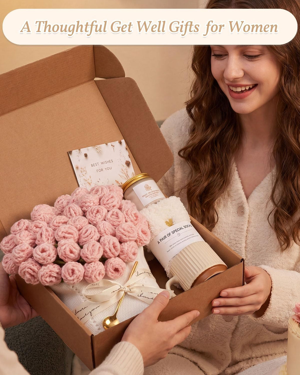 Get Well Gifts for Women After Surgery Flower Blanket Care Package Women | Crochet Flower Blanket, New Mom Postpartum Self Care Package Best Friend Birthday Gifts for Women Gift Baskets Girlfriend Set