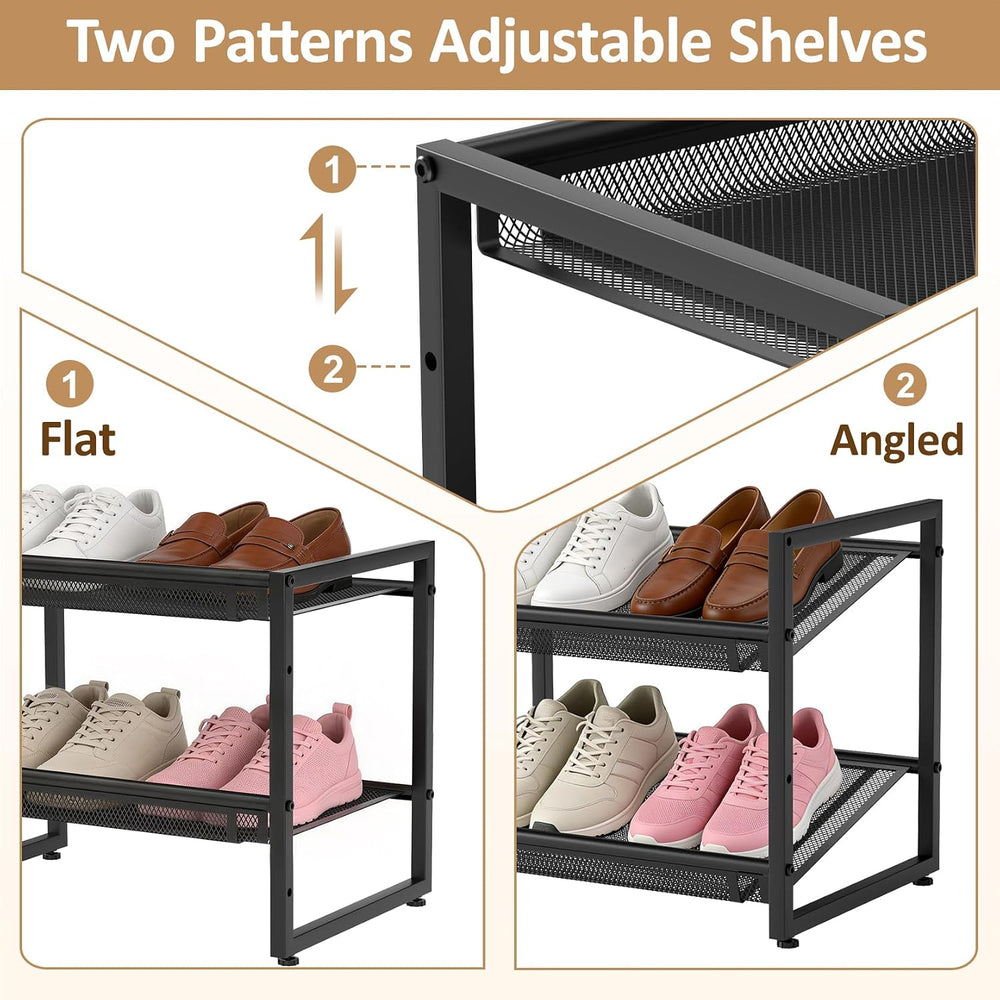 Expandable Shoe Rack, 2 Tier Adjustable Shoe Organizer with Flat & Slant ...