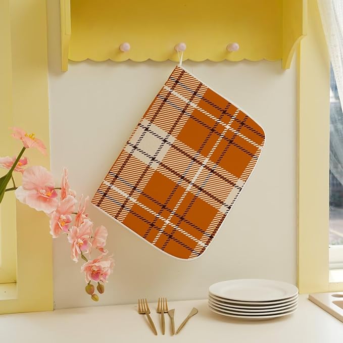 Fall Dish Drying Mat 18 x 24 inch Autumn Orange Buffalo Plaid Themed Decorative - Image 5