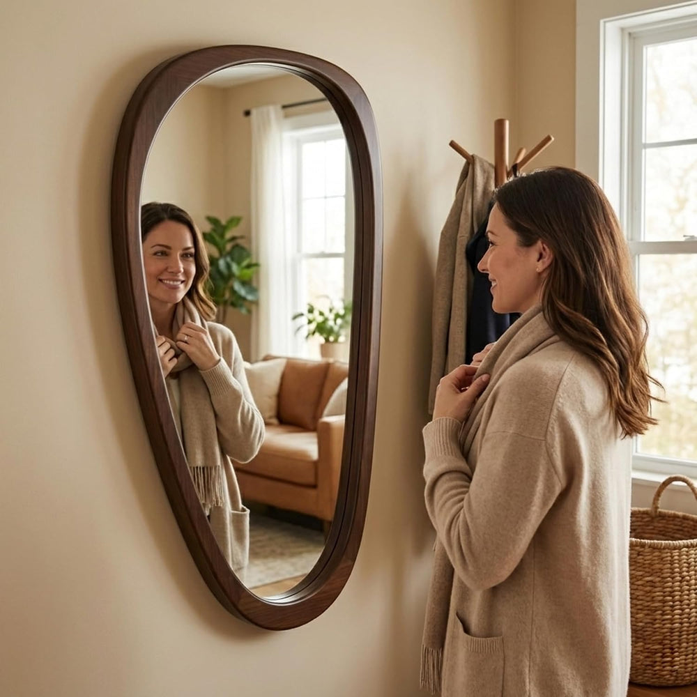 Solid Wood 48"x24" Dark Walnut Large Organic Irregular Wall Mirror