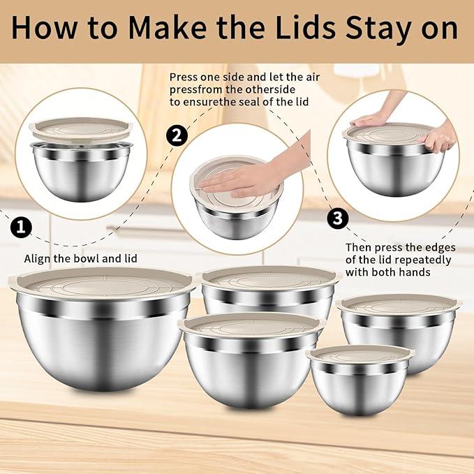 Mixing Bowls with Airtight Lids Set, Large Prep Metal Mixing Bowls - Image 3