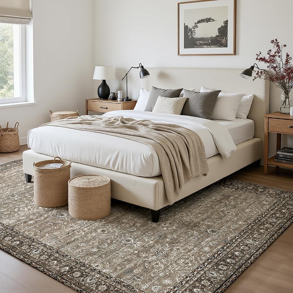 6x9 Grey Brown Washable Area Rug for Living Room, Vintage Print