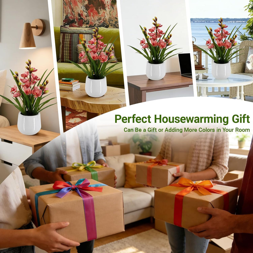Faux Orchid Plant 19" Tall, Realistic Touch Leaves, Potted Cymbidium Art...