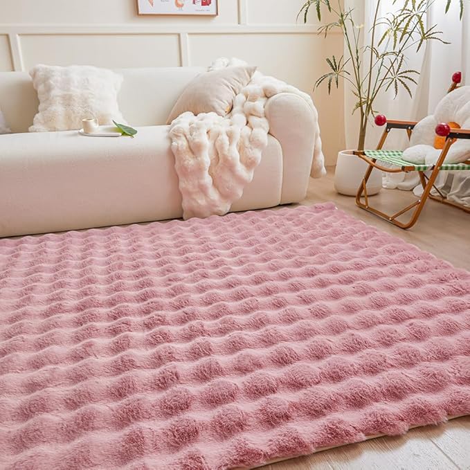 Pink Rabbit Plush Rug 5'x8', Fluffy Faux Fur Shaggy Area Rug - Image 5
