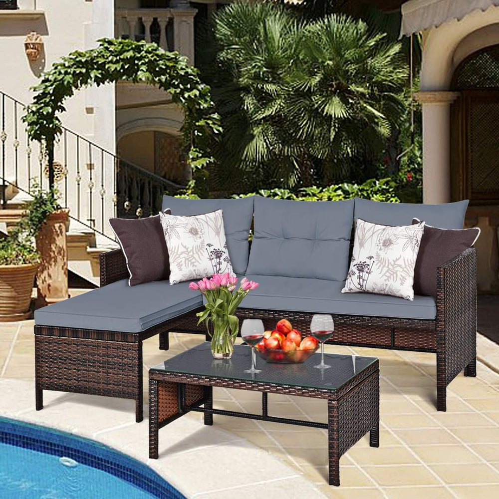 HAPPYGRILL 3 PCS Patio Conversation Set Sectional Rattan Wicker Sofa Set with...