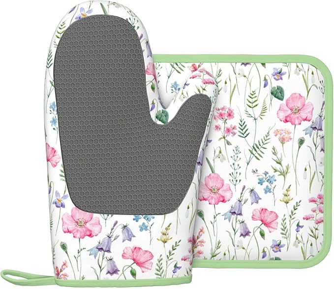 Pink Floral Silicone Oven Mitts Pan Mats Set of 2, Heat Resistant Gloves - Image 2