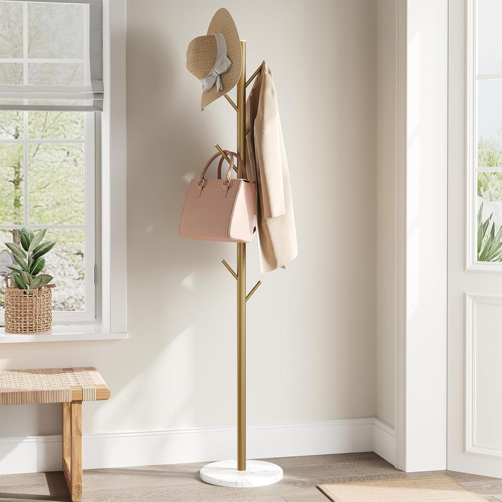 ELYKEN Coat Rack Freestanding with Natural Marble Base, Metal Coat Rack Stand...
