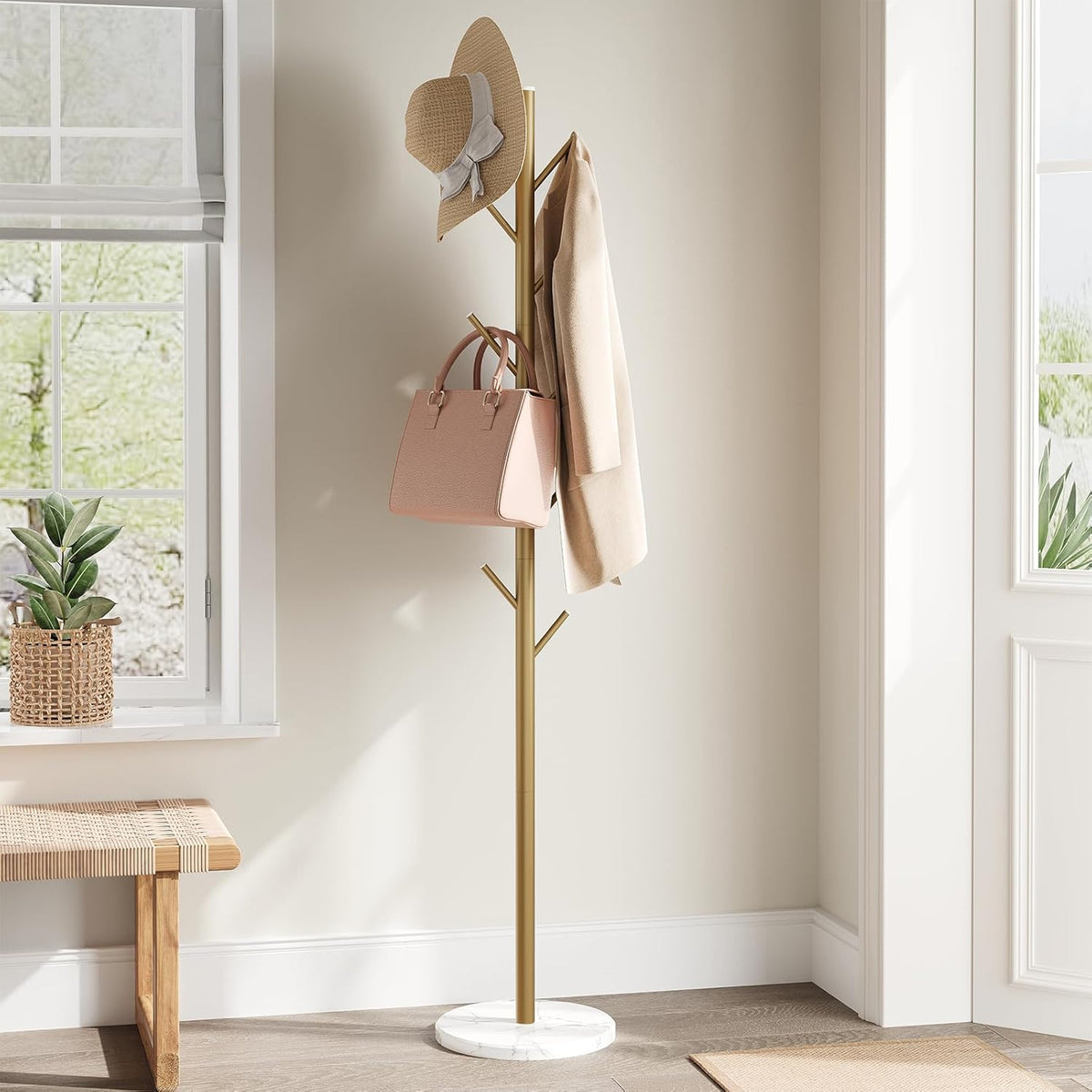 ELYKEN Coat Rack Freestanding with Natural Marble Base, Metal Coat Rack Stand with 10 Hooks, 3 Adjustable Size Coat Tree for Bags, Clothes, and Hats for Entryway, Bedroom, Hallway, Office, Gold