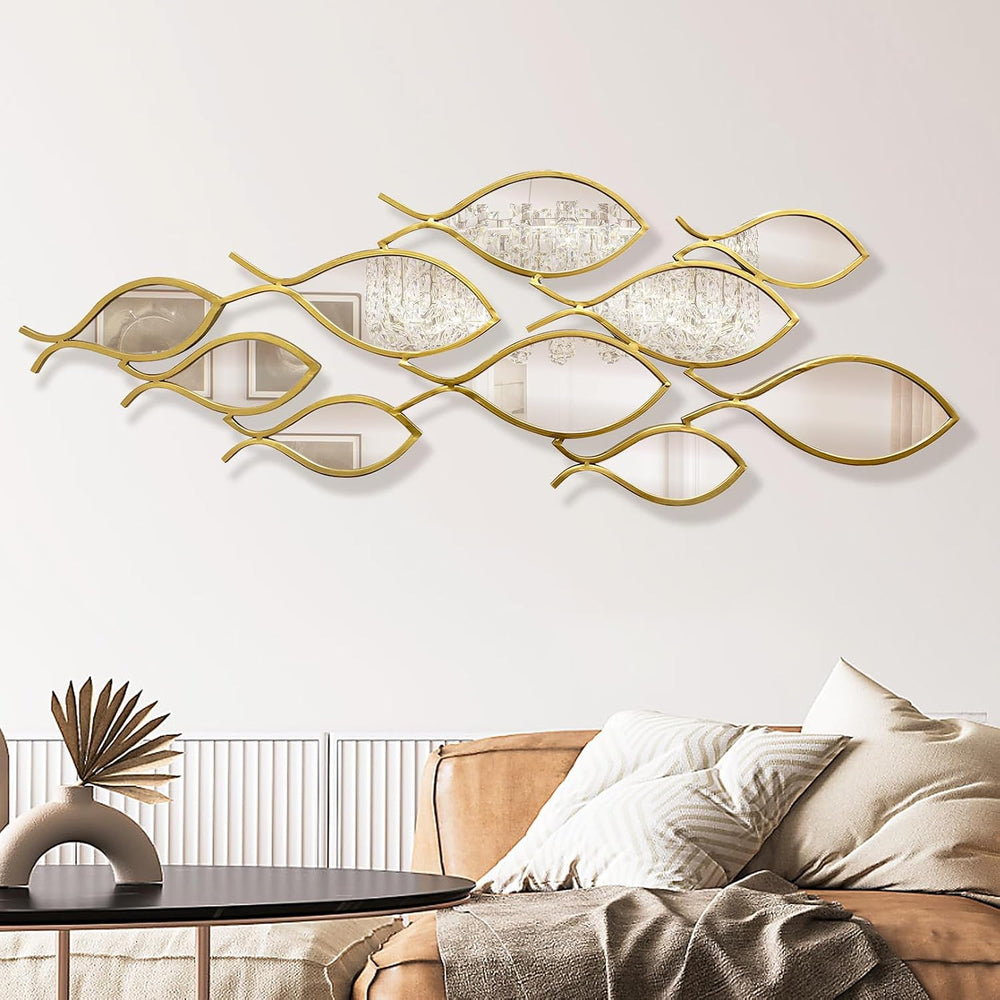 BECHAEO Coastal Metal Fish Mirror Wall Art Decor, 41" x 15" Gold