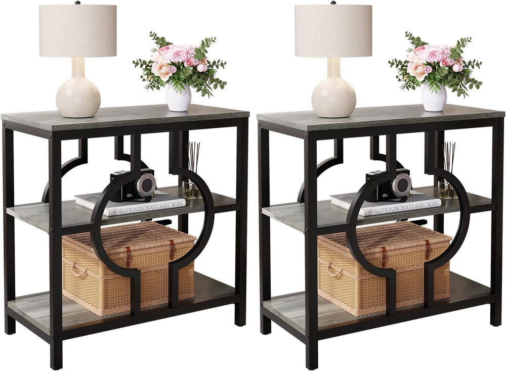 End Table Set of 2, Narrow Side Table with 3-Tier Storage Shelves, Wood Sofa ...