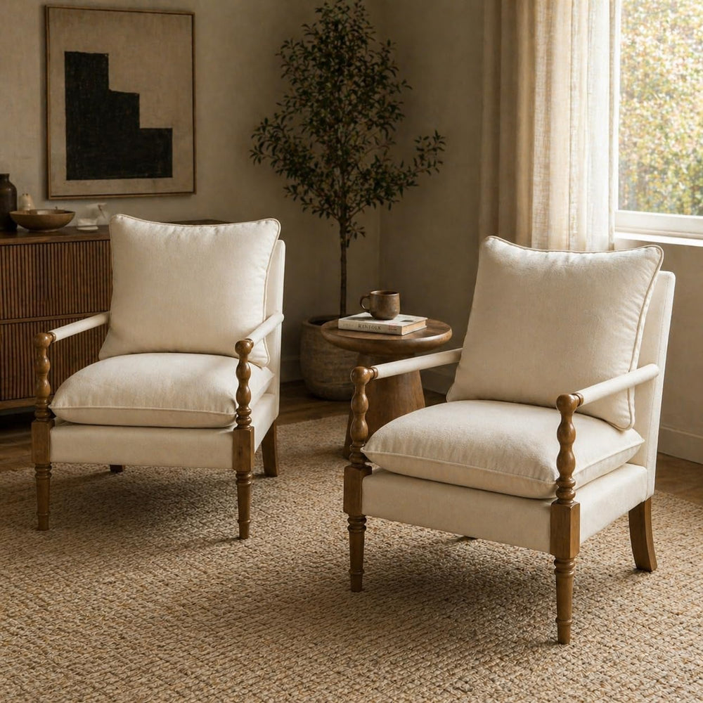 Accent Chair for Living Room, Farmhouse Linen Fabric Spindle Accent Chair wit...