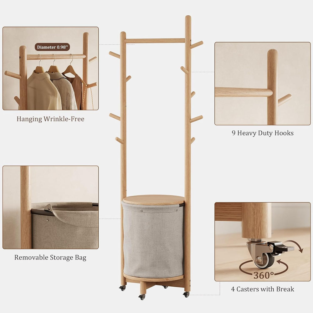 CycleCrew Solid Wood Coat Rack with Fabric Basket - Freestanding Coat Rack Ro...