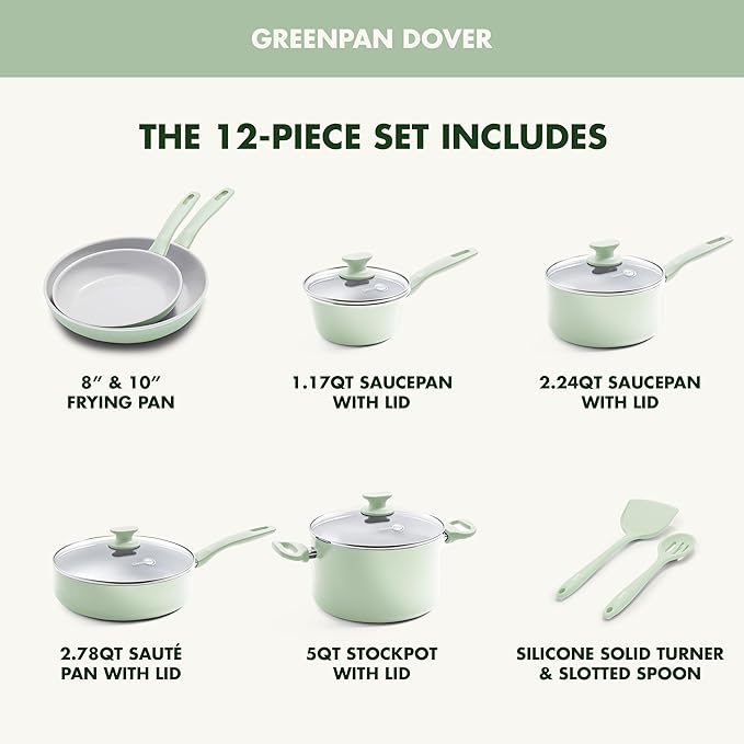 GreenPan Dover Healthy Ceramic Nonstick, 12 Piece Cookware Pots and Pans Set