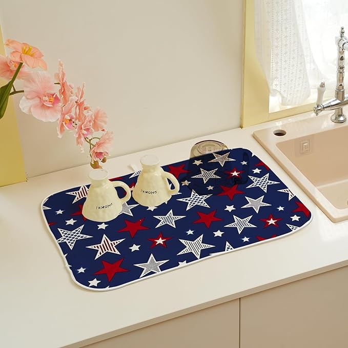 4th of July Dish Drying Mat 18x24 Inch Navy Blue Red Stars Patriotic Decor - Image 4