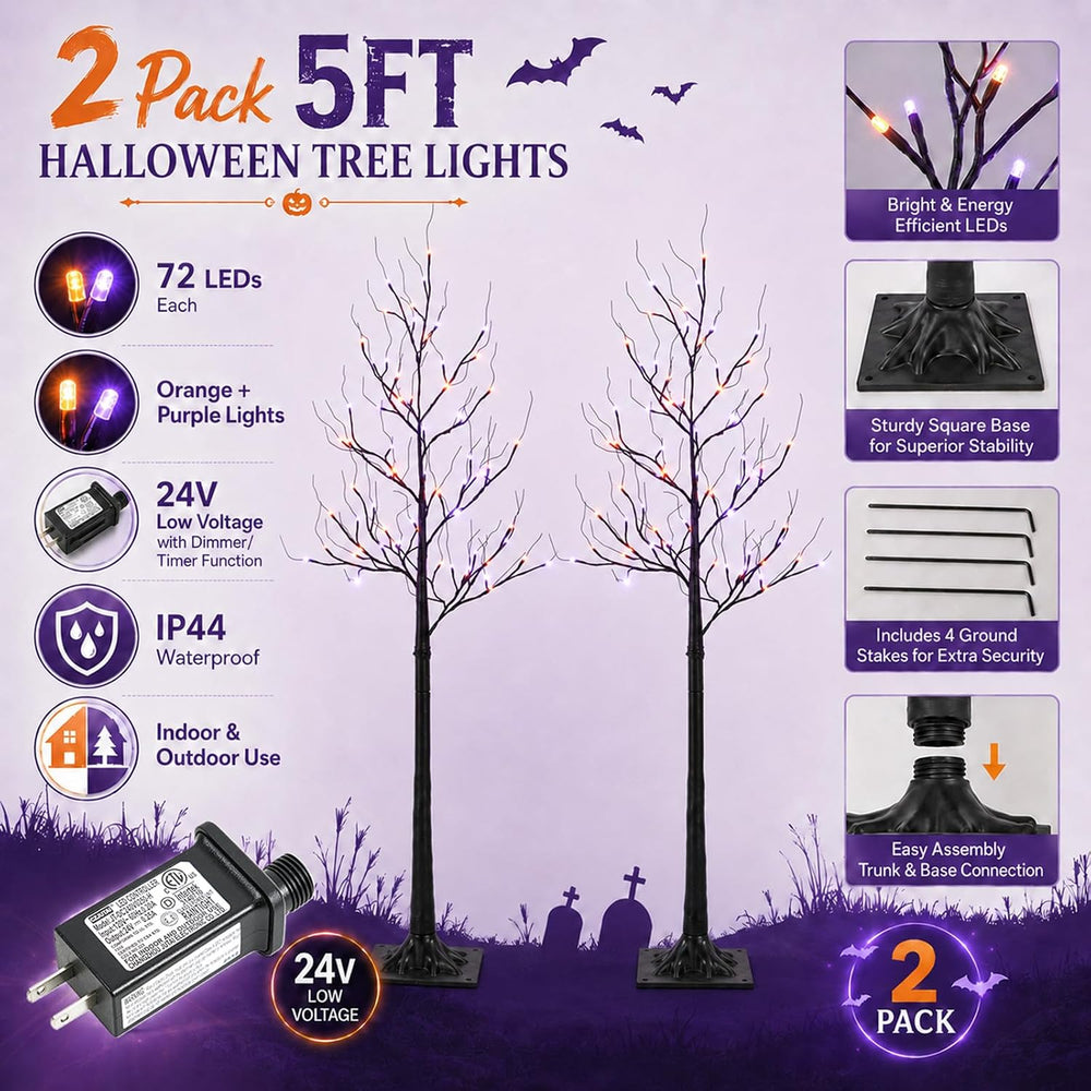5FT LED Lighted Halloween Tree 2-Pack Orange and Purple Lights Décor