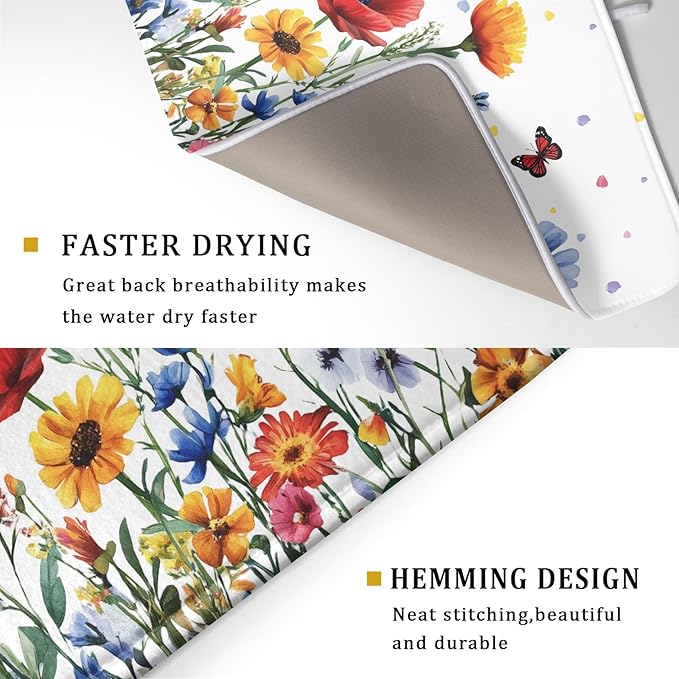 Watercolor Flower Dish Drying Mat 18x24 Inch Floral Butterfly Dish Drainer - Image 3