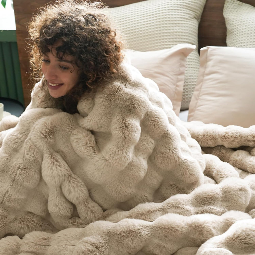 PHF Warm Faux Fur Throw Blanket, Ultra Soft Cozy, 50"x60", Oak