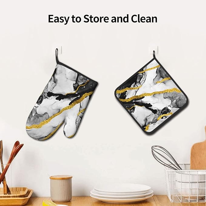 Black White Marble with Gold Stripes Oven Mitts and Pot Holders Set of 3 - Image 6