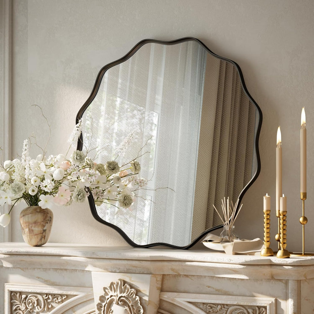VooBang Black Scalloped Circle Mirror 20" Wavy Edge Round Wall Mirror