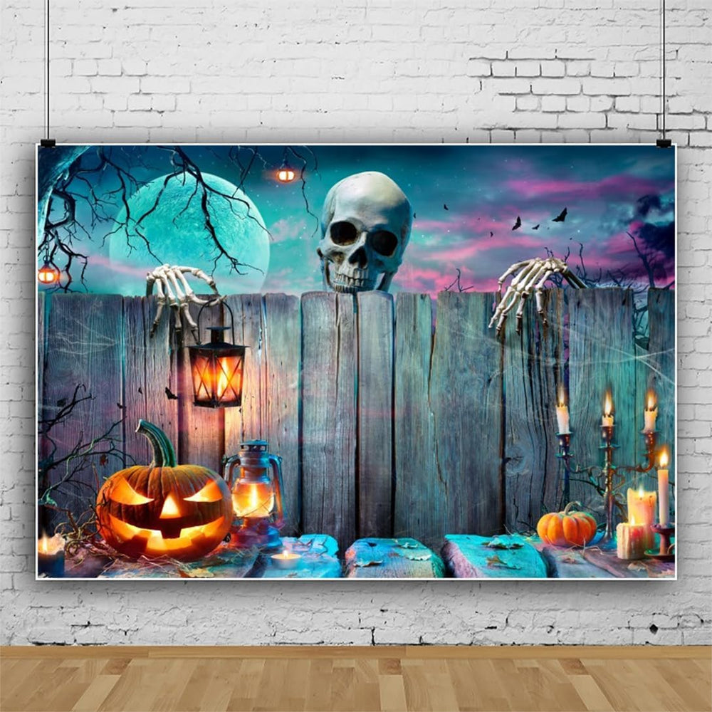 Renaiss 10x8ft Halloween Backdrop Skeleton Pumpkin Lantern Wooden Spooky Nigh...