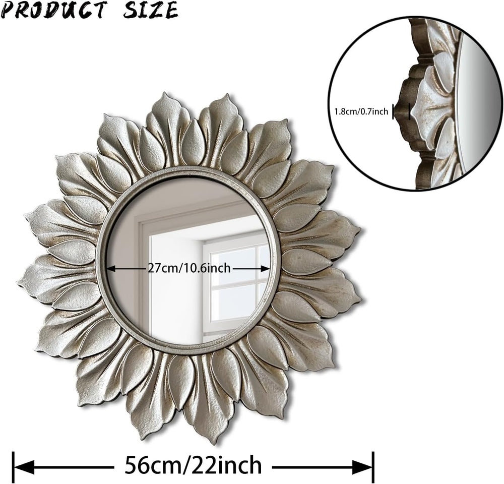 Sunflower Sunburst Wall Mirror, 22" Distressed Silver Wooden Frame