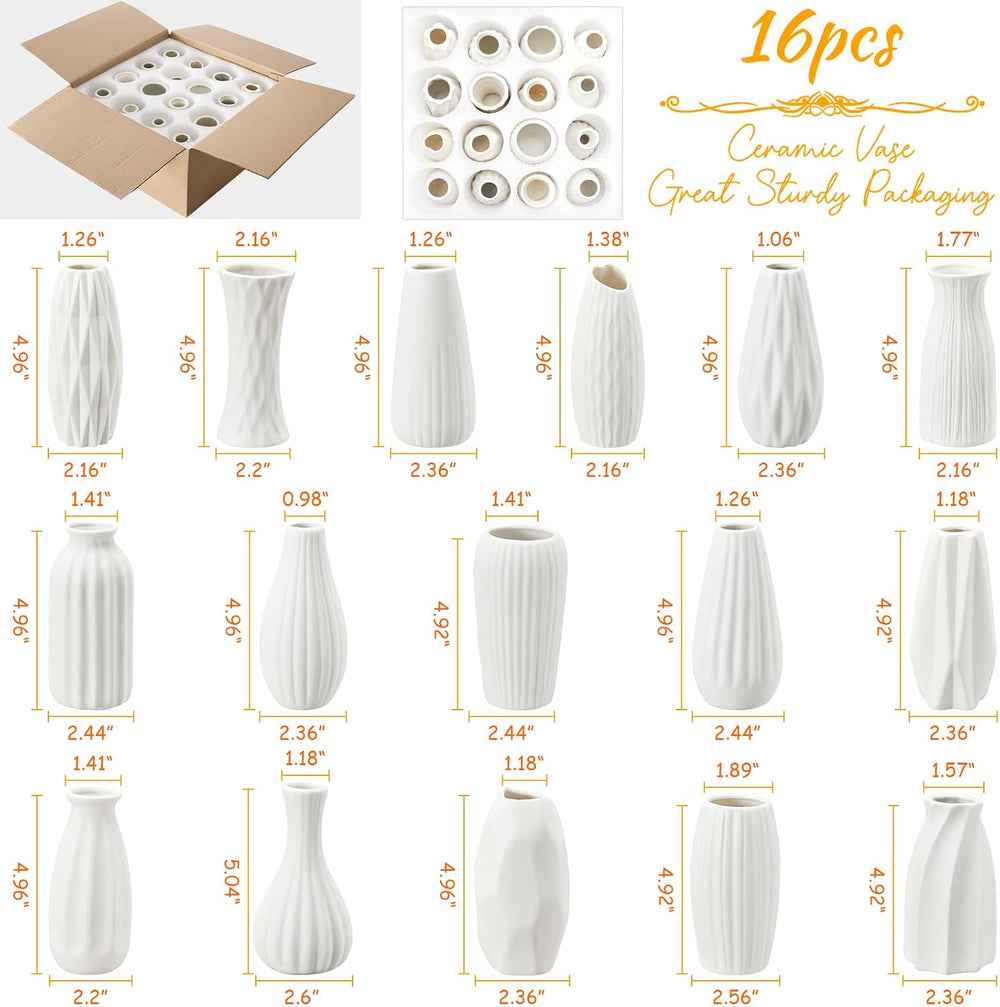 16packs Small White Ceramic Vases - Mini Flower Vases for Centerpieces