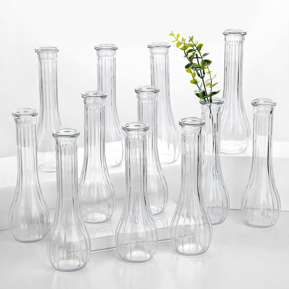 12 Pcs Clear Ribbed Glass Bud Vases for Centerpiece 8.5 Inch