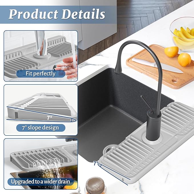 PoYang 14.6 inch Faucet Mat for Kitchen Sink Splash Guard, 7° Slope Silicone - Image 8