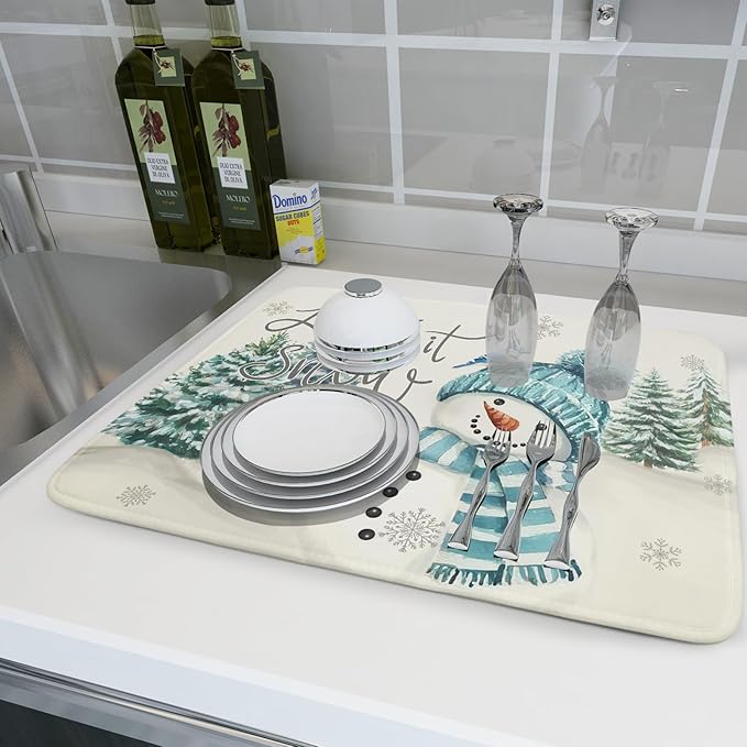 Giwawa Blue Snowman Dish Drying Mat Xmas Trees Bird Winter Snowy Scene Dish - Image 6