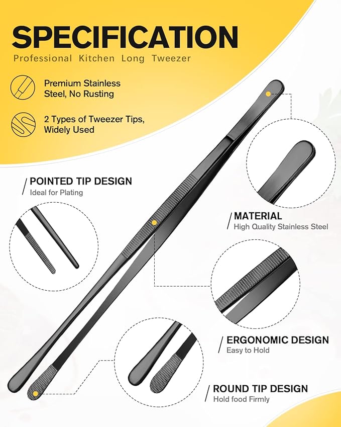 4 Pcs Fine Long Tweezer Tongs Professional Black, Sea food and BBQ - Image 2