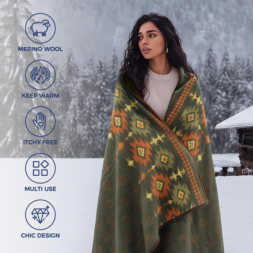 ACUSHLA Merino Wool Camping Blanket Warm Outdoor Travel Throw,Myers Green