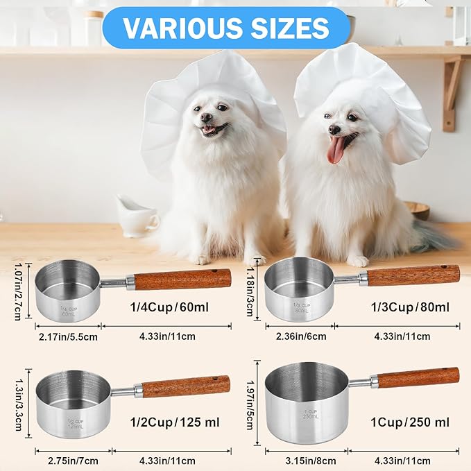 4 Pcs Dog Food Scoop Measuring-Cup, 1 Cup, 1/2 Cup, 1/3 Cup, 1/4 Cup, Stainless - Image 2