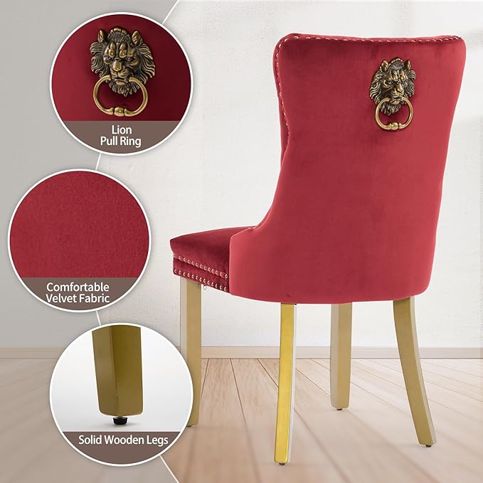 Velvet Dining Chairs Set of 2, Upholstered Dining Room Chairs with Lion Head ...